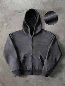 Manfinity Streetrush Black Hoodie, Men's Street Style, Popular INS Style, Basic With Double Pockets And Double Zipper, Thermal Lining, Casual, Gift For Boyfriend/Husband, Birthday Gift, Autumn/Winter - 灰色 - 查看 1