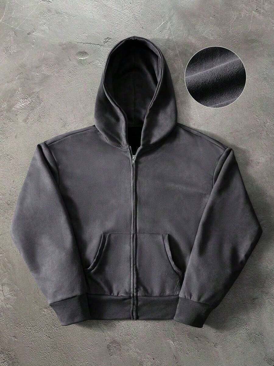 Manfinity Streetrush Black Hoodie, Men's Street Style, Popular INS Style, Basic With Double Pockets And Double Zipper, Thermal Lining, Casual, Gift For Boyfriend/Husband, Birthday Gift, Autumn/Winter - 灰色 - 查看 1