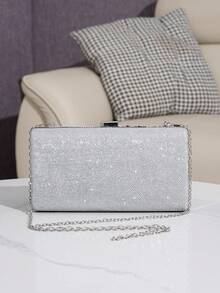 Tas Malam Kotak Rumbai Modis, Dompet Clutch Dekorasi Rhinestone, Tas Rantai Selempang Bahu, Tas Pesta Formal Wanita Gaya Eropa dan Amerika - Perak - View 9