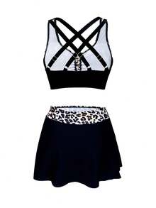 Bộ 3 món bikini tankini phối họa tiết da báo dành cho nữ, kiểu dáng cạp cao, xếp ly, giúp thon gọn vóc dáng và thời trang, thích hợp cho kỳ nghỉ hè trên bãi biển, màu đen. - màu đen - Xem 4