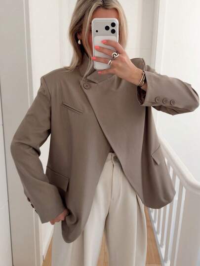 Blazer Feminino Minimalista de Cor Sólida com Botão Único e Fenda, Jaqueta Elegante de Gola Alta para Escritório e Deslocamento, Manga Longa, para Outono