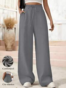 Women's Linen Palazzo Pants, Adjustable Waist With Drawstring, Side Pockets, Casual And Breathable For Vacations - 灰色 - 查看 1