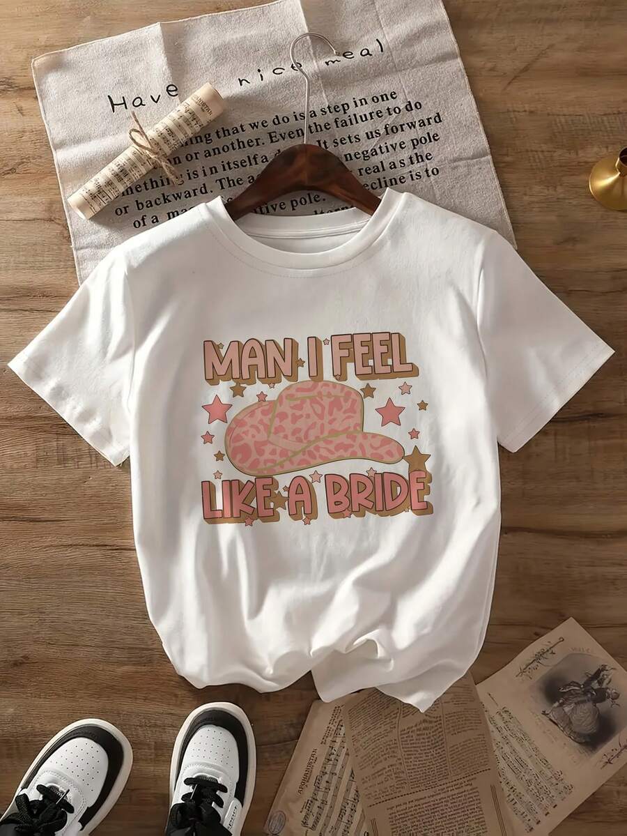 T-Shirt With Pattern Print, Short Sleeves, Round Neck, Casual Top, Spring And Summer Women's Clothing, Local Community Store, In Stock, Quick-Drying, Soft, Odorless, Comfortable, Enjoy Discount, Suitable For Easter, Halloween, Thanksgiving, Etc. - 白色 - 查看 1