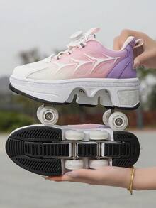 Transformable Roller Skates, Student Adjustable 4-Wheel Inline Skates, Dual-Wheel Explosion-Proof Walking Shoes With Buckle Laces, Suitable For Walking Wear, Upgraded 4-Wheel Roller Skates, Suitable For Fitness Walking - 1209 Pink Purple - View 2