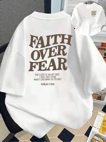 Camiseta con Estampado de Versículo Bíblico "Fe Sobre el Miedo"| Camiseta Casual de Manga Corta y Cuello Redondo para Mujer, Primavera y Verano, Largo Regular, Estilo Y2k - Blanco - Ver 10