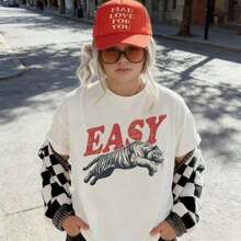 Camiseta Easy Tiger Retro Boho Unisex, Camiseta Estética, Camiseta Gráfica Y2k para Mujer, Adolescente y Niñas, Cuello Redondo, Camiseta Fresca de Verano, Manga Corta, Estampado de Animales, Frutas y Mascotas, Camiseta Gráfica para Mujer, Moda 2026, Regalos, Ropa de Mujer, Estampado de Dibujos Animados y Letras, Material de Algodón Cómodo, Amigable con la Piel, Suave y Fresca, Camiseta de Mujer para Primavera Verano, 100% Algodón. - Blanco - Ver 3