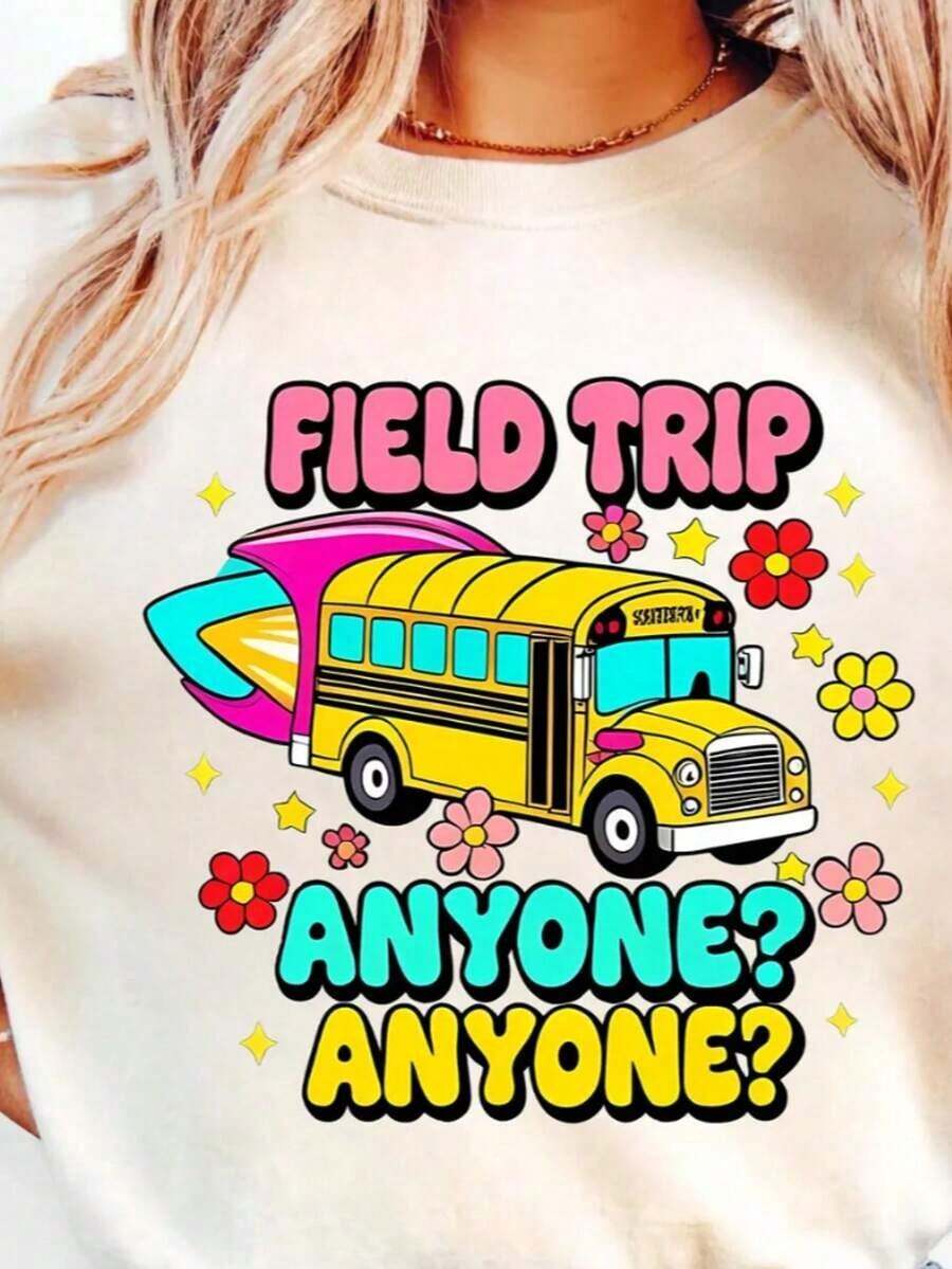 1 "Field Trip Anyone" T-Shirt, School Trip T-Shirt, "Teacher Magic School Bus" T-Shirt, Field Day T-Shirt, "Seatbelts Everyone" T-Shirt, "Frizzle" T-Shirt, Teacher T-Shirt, Oversized Graphic Tees For Women, 100% Cotton, Crew Neck, Short Sleeve, Casual Tops, 180g, 100% Cotton, All Designs Are Printed. Unisex. - White006 - 查看 1