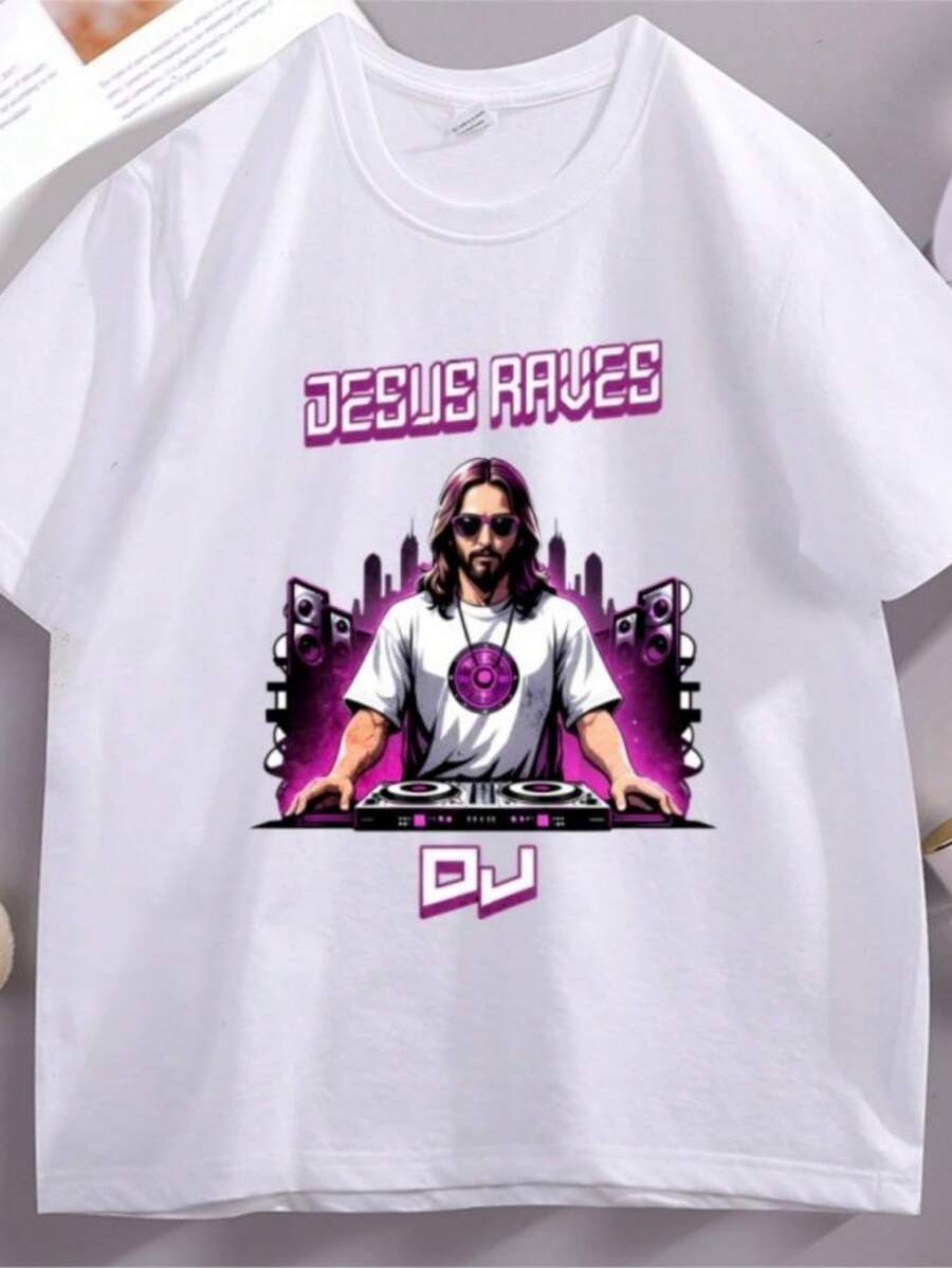 playeras de mujer Jesus Raves DJ Graphic T Shirts Men Women Cotton Short Sleeve T-shirt Casual Round Neck Comfortable Tshirt Trendy Basic Tees - Blanco - Ver 1