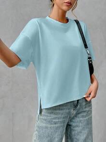 Camiseta holgada de estilo minimalista casual para mujer, con parte delantera corta y parte trasera larga, versátil para usar en la calle, adecuada para primavera y verano - Azul 2 - Ver 5