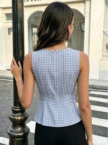 Elegant Blue Plaid Sleeveless Ruffle Trim Top With Bow, Fashionable Women's Round Neck Summer Casual Work Date Shirt - Blue and White - View 3