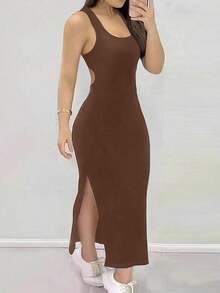 Vestido ajustado y sexy con cuello bajo, espalda descubierta, tirantes cruzados y abertura - Marrón - Ver 3