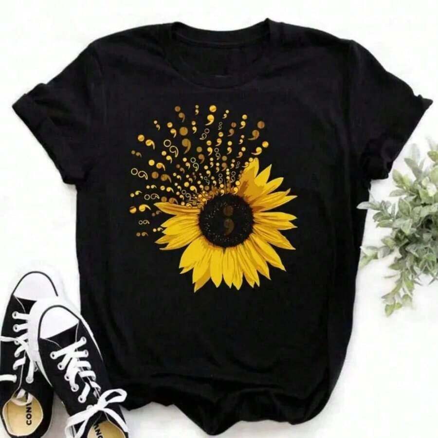 Women's 100% Cotton Blouse, European And American Style, New, With Pink Sunflower Print, Round Neck, Short Sleeves And Loose Fit. - 黑色2 - 查看 1