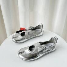 Women's Split Toe Mary Jane Flats, Retro Cross Strap Shoes, Leather Ballet Flats - Interstellar Silver - View 2