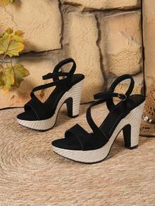 Giày sandal cao gót thời trang nữ, sandal cao gót thanh lịch dành cho phái đẹp, phù hợp mọi mùa, phong cách bohemian, gót dày cao, sandal quai ngang gót chunky thoải mái cho kỳ nghỉ. - màu đen - Xem 6