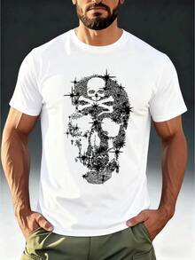 Camiseta de hombre con pedrería, estilo oscuro, manga corta, estampado de calaveras, diseño único y genial, cómoda y agradable al tacto. - Blanco - Ver 8