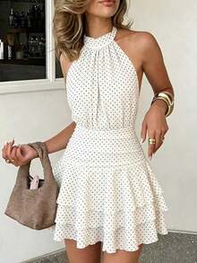 Vestido elegante y romántico de cuello halter, cintura ajustada, vestido corto con volantes plisados en albaricoque y blanco, nuevo vestido de primavera/verano, vestido para cita de San Valentín, vestido casual de vacaciones, vestido románt - Blanco - Ver 3
