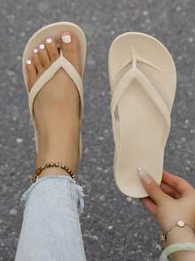 Unisex Flip Flops With Arch Support, Solid Color Beach Thong Sandals, Suitable For Beach, Home, Spring/Summer/Autumn - Khaki - View 11