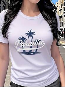 Paradise Island Tropical Palm Tree Print T-Shirt, Women's Short Sleeve Round Neck Clothing, Modern And Casual, Versatile, Essential For Summer Beach Holidays, Suitable For Daily Wear And Shopping, Pure Cotton Print T-Shirt For Women. - 白色 - 查看 1