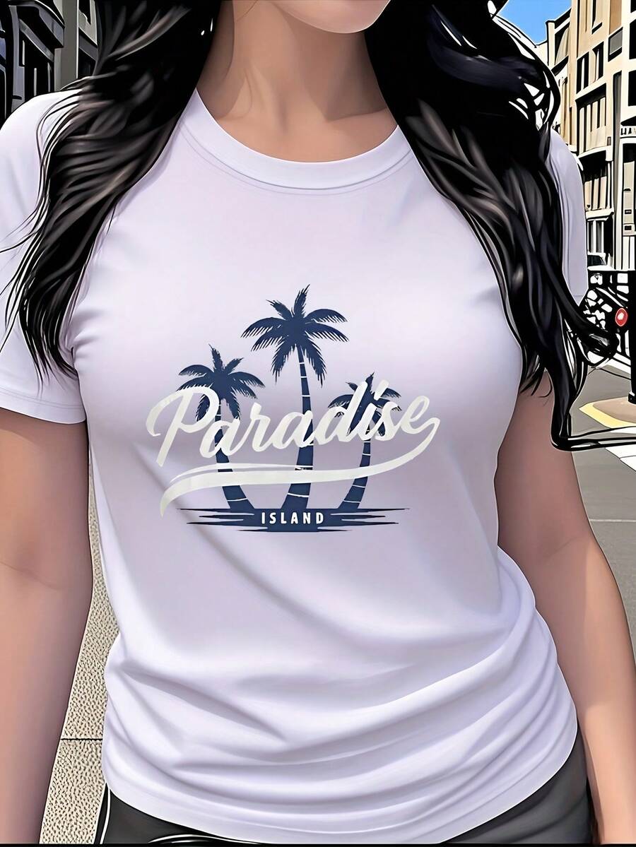 Paradise Island Tropical Palm Tree Print T-Shirt, Women's Short Sleeve Round Neck Clothing, Modern And Casual, Versatile, Essential For Summer Beach Holidays, Suitable For Daily Wear And Shopping, Pure Cotton Print T-Shirt For Women. - 白色 - 查看 1
