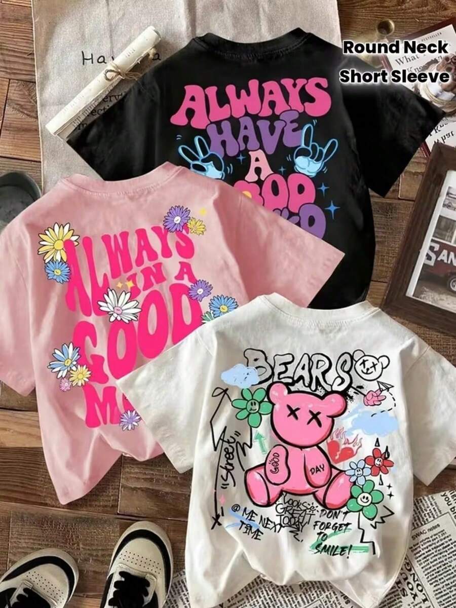 New Fashion T-Shirt For Women, 1 Piece Set, Bear And Letter Print, Round Neck, Plus Size, Pure Cotton, Loose And Slimming, Local Delivery, Machine Washable, Elegant Casual Top. - 白色 - 查看 1