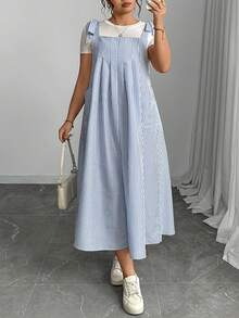 Vestido largo tipo slip con tirantes finos liso para mujer talla grande - rayas azul claro - Ver 1