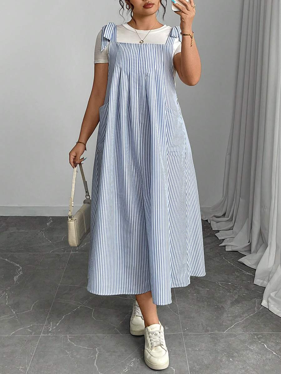 Vestido largo tipo slip con tirantes finos liso para mujer talla grande - rayas azul claro - Ver 1