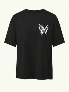 Nueva llegada 2026: Camiseta de manga corta con estampado de mariposas para mujer, camiseta casual con hombros caídos y diseño gráfico lindo, adecuada para uso diario, salidas de moda, para todas las estaciones. - Negro - Ver 3
