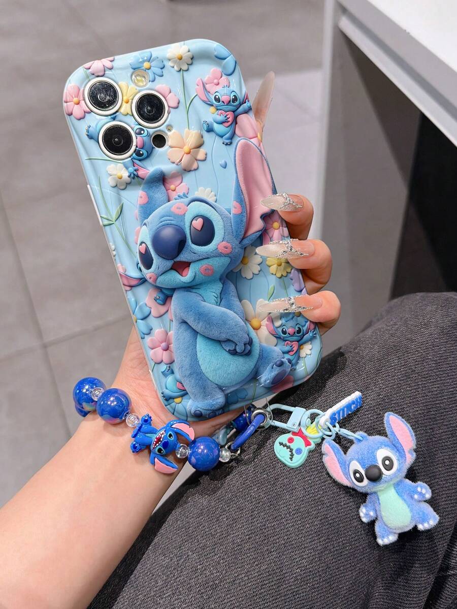 Disney Has Authorized, Phone Case - Chain Set, The Stitch Lilo & Stitch 3D Phone Case Plus A Silicone 3D Stitch Bracelet With Metallic Ring Removable Bracelet, Stitch And Angel Pattern, Compatible With Iphone17/16/15/14/13/12/11/XS/XR/X Plus Pro Max, A Stylish Cartoon Phone Case, The Perfect Gift Choice, Phone Protection, Durable Phone Cover, Great Gift For Friends And Family. - 白色 - 查看 1