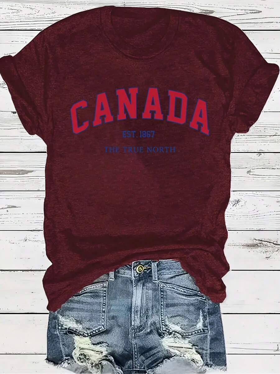 Talla Grande - Talla Grande - Camiseta de Mujer Roja con Estampado de Letras CANADA, Cuello Redondo, Talla Grande - Burdeos - Ver 1