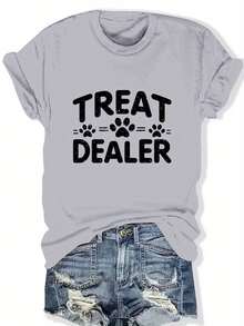 Talla Grande - Camiseta Casual de Manga Corta para Mujer - Estampado de Huella de Pata "Treat Dealer", Cuello Redondo, Poliéster Ligero, Perfecta para Primavera y Verano, Ropa para Todas las Temporadas|Camiseta con Diseño Divertido|Tela Elástica - Gris Claro - Ver 1