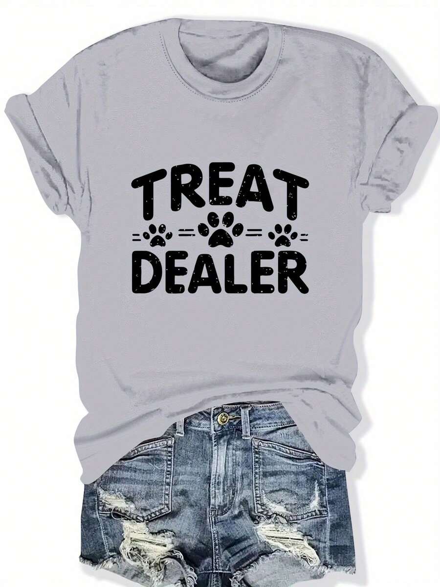 Talla Grande - Camiseta Casual de Manga Corta para Mujer - Estampado de Huella de Pata "Treat Dealer", Cuello Redondo, Poliéster Ligero, Perfecta para Primavera y Verano, Ropa para Todas las Temporadas|Camiseta con Diseño Divertido|Tela Elástica - Gris Claro - Ver 1