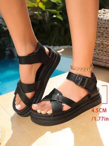 Women's White Cross Strap Platform Sandals, Summer Casual Open Toe Shoes With Adjustable Buckle Ankle Strap, Thick Black Non-Slip Sole, Lightweight PU Leather, Soft Breathable Insole, Comfortable All-Day Wear, Versatile For Beach - Black - View 6