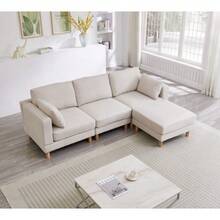Nordic 3-Seater Corner Sofa With Ottoman 235*152*78 Cm – L-Shaped Sofa In Beige Made Of Polyester & Solid Wood Legs For The Modern Living Room - Beige - View 4