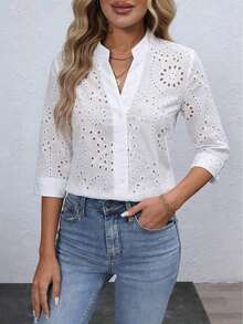 Blusa de mujer con bordado floral y cuello con muesca, manga 3/4.Tops de manga tres cuartos - Blanco - Ver 5