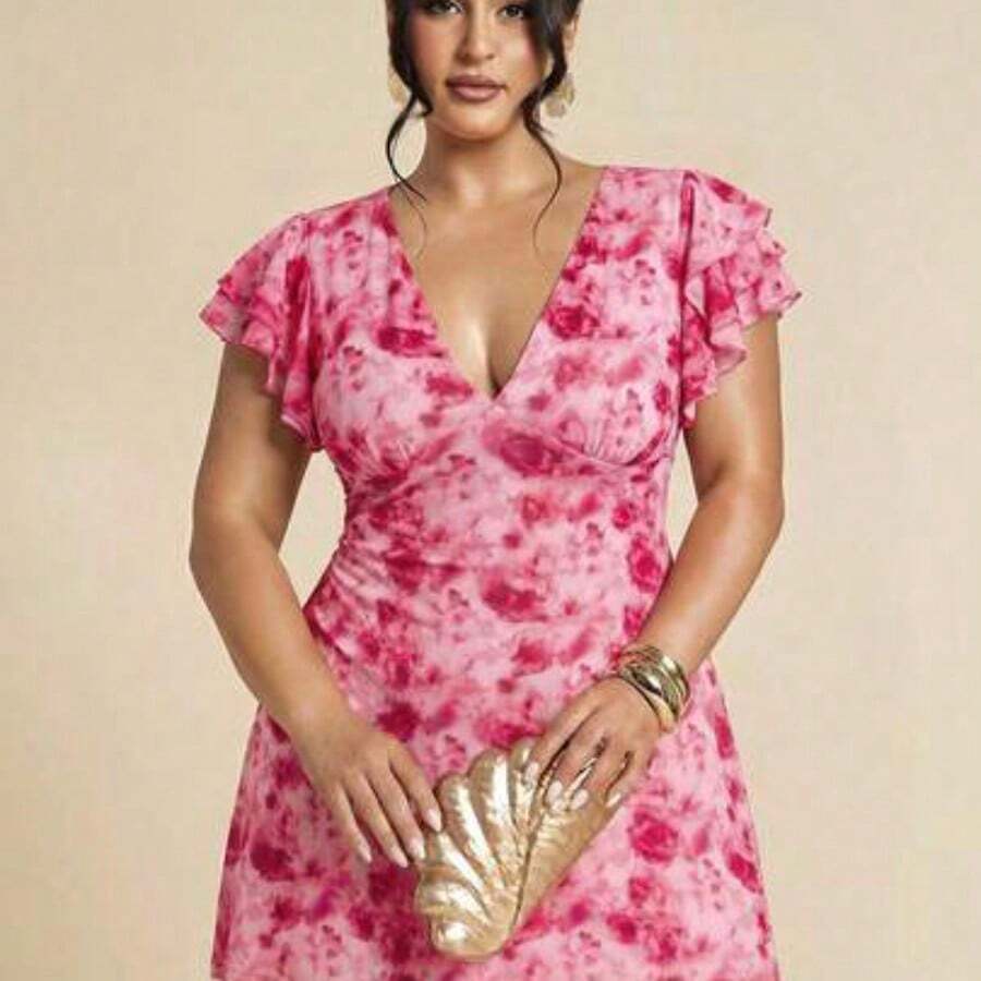 Plus Size Women Elegant Floral Mesh Printed Tight Fitted Deep V-Neck Dress, Slimming, Arm Flattering, Beach Outfit For Women,Airport Outfit Women,Festival Outfits Women,Graduation ,Women Summer Clothes,Going Out Tops Women,Rave Outfits,Club Outfits Women Sexy,Birthday Outfits For Women,Western Wear Women,Wedding Guest Dress Women,Summer Dresses For Women,Holiday Outfits,Vacation Outfits Woman,Pink Dress,Valentine's Day,Valentine Outfits For Women - Rosa vieja - Ver 1