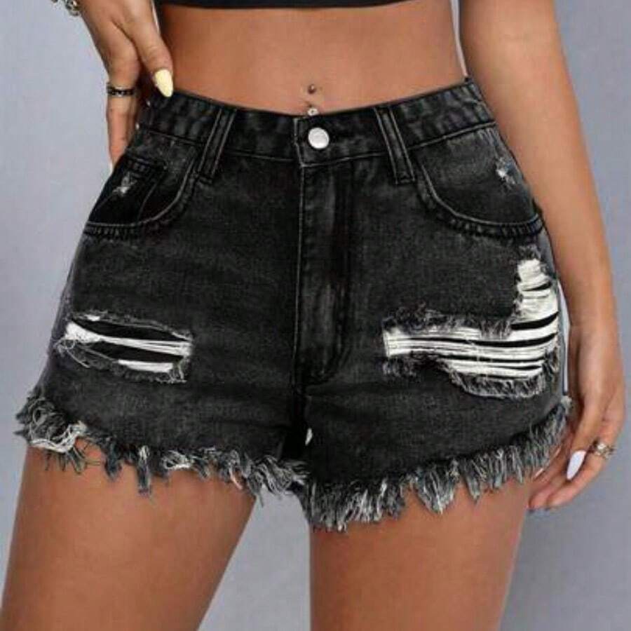 ICON Plus Size Fashion Casual Summer Versatile Distressed Denim Shorts - Gris Oscuro - Ver 1