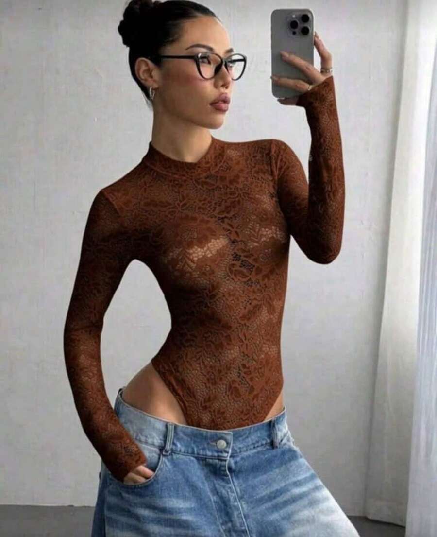Women's Sexy Long Sleeve Tulle Lace Bodysuit With Delicate Flower, Transparent, Sizes S, M, L. Sensual Clothing, Night Outfit, Party Look, Elegant Style, Romantic, Lingerie, Fashion, , Blogger Style, Winter And Autumn, Night Out, All Print, Transparent, Sheer Fabric, Transparent, Sheer Fabric - 鏽棕色 - 查看 1