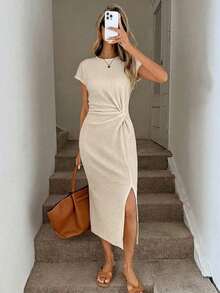 Vestido midi casual de mujer con estampado de lunares, cintura retorcida y abertura alta sin mangas; Vestido ajustado texturizado casual de mujer; Conjunto de fitness de mujer; Vestido de invitada de boda de mujer; Atuendo de oficina de mujer - Beis - Ver 7