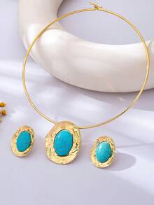 New Exaggerated Oval Rhinestone (Artificial Turquoise) Stud Earrings, Choker Necklace Suitable For Daily Wear, Parties, Banquets, Holiday Gifts - Yellow Gold - View 3
