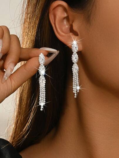 Luxury Elegant Crystal Tassel Earrings, Long Fringe Earrings Suitable For Weddings, Bridesmaids, Wedding Guests, Parties, Galas, Graduation Ceremonies