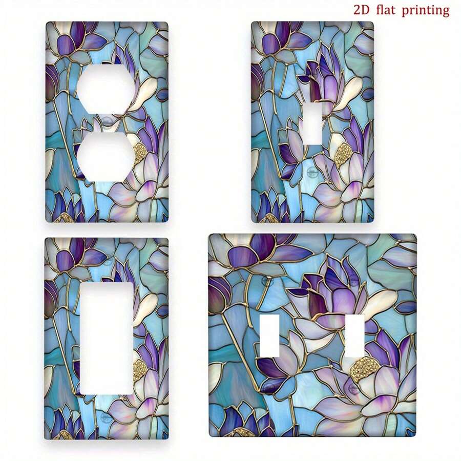 1pc [2D Printed] Glass Painting Lotus Flower Pattern Light Switch Panel, Luxury Design Suitable For Bedroom, Kitchen And Home, Unique Room Decor Accessory - Multicolor - View 1