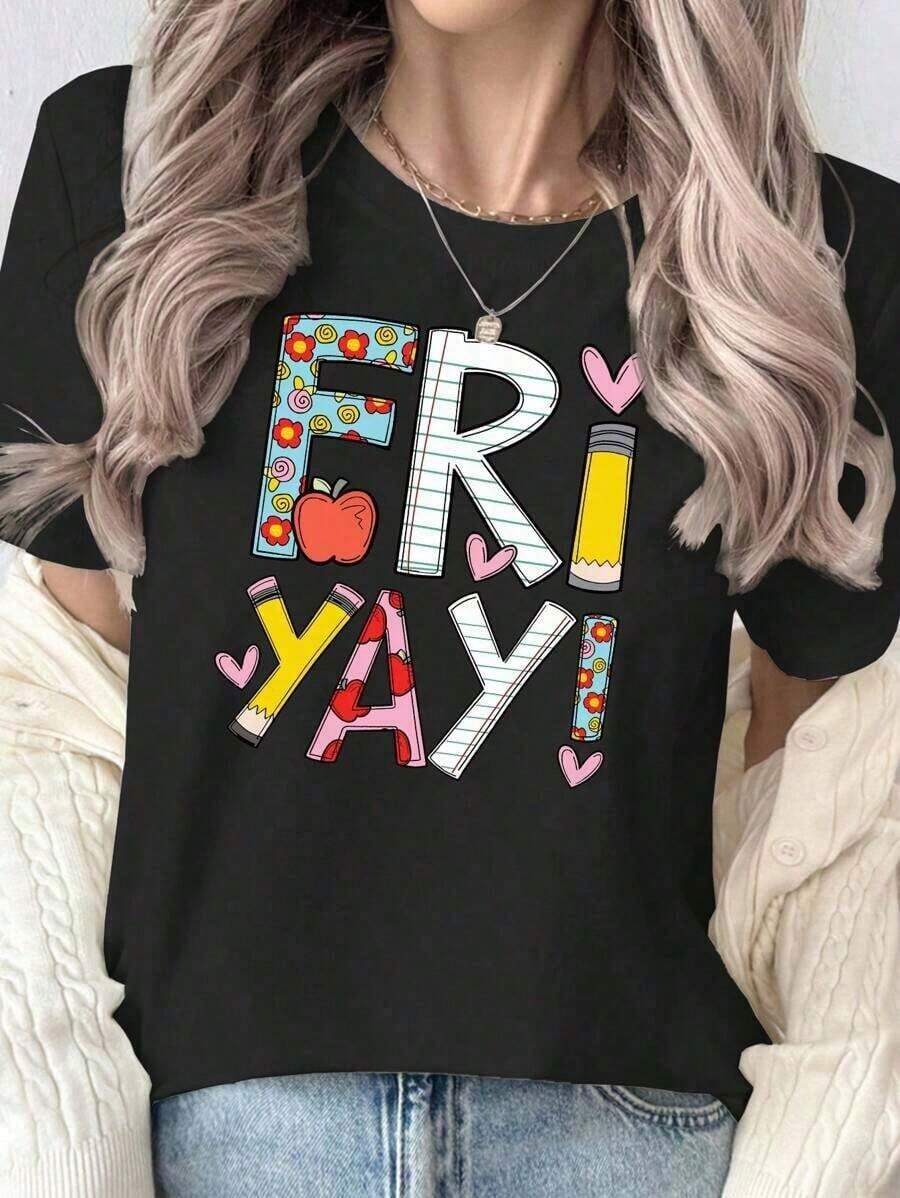 Soft 100% Cotton T-Shirt, 100% Pure Cotton, New Summer Style, Fitted Women's T-Shirt With Casual English Letter Print, Pencil And Ruler, Creative Design For Back To School Or Spring Break, Machine Washable. A Great Gift For Family, Siblings, Friends, Parents, Or Teachers. Breathable Cotton T-Shirt, Goes With Everything. - 黑色 - 查看 1