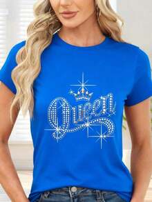 Gift: Women's Black T-Shirt With Crown Print And "Queen" Text With Sparkling Diamonds - Ideal For Casual Occasions And Party Nights - 藍色的 - 查看 7