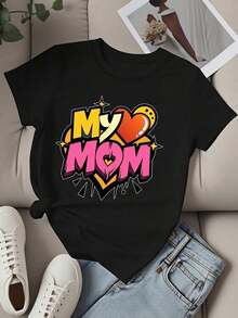 Camiseta de Cuello Redondo para Mujer con Estampado de Corazón de Mi Mamá, Estilo Pop Art, Manga Corta, Ropa Casual para Regalos del Día de la Madre - Negro - Ver 2