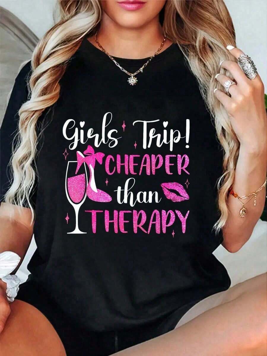 Camiseta Vintage Holgada Mujer con Estampado de Letras Casual Diario 100% Algodón para Viajes de Chicas Más Barata que una Terapia Divertida para Fiestas de Vino de Fin de Semana Camiseta Vintage de Corte Relajado para Mujer Tops Suaves Premium con Estampado Cuello Redondo Camisetas de Moda Camiseta Oversize Mujer Estampado 100% Algodón Puro - Negro - Ver 1