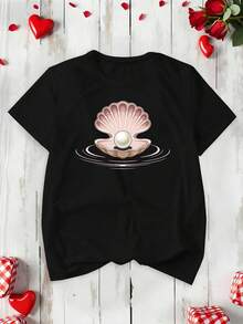 [Print Design]A Large Women'S Casual Sports T-Shirt Featuring A Pearl In An Open Seashell Design[Suitable For Leisure And Sports Activities] - Multicolor - View 2