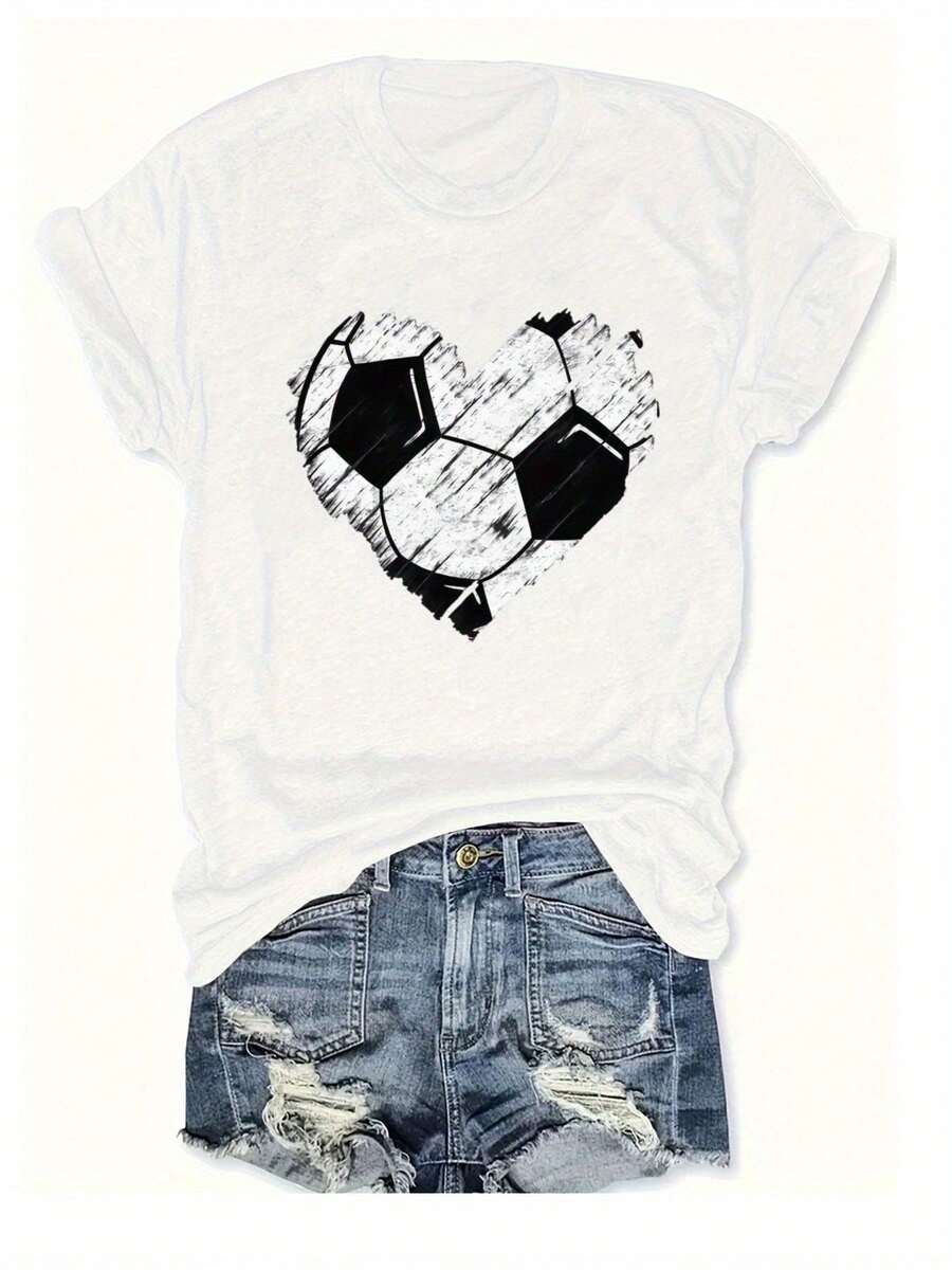Soft 100%cottonSoft 100%cottonT-shirtCamiseta de cuello redondo con estampado gráfico 2026 para mujer de talla grande, camiseta de fútbol con corazón para mujer - Camiseta casual verde de cuello redondo con estampado de fútbol blanco y negro, tejido suave, corte regular para todas las estaciones, perfecta para fans y entusiastas de los deportes, camisetas de fútbol temáticas de ropa para fans de los deportes, cómodas, regalos diarios para Pascua y el Día de San Valentín. Camiseta de algodón transpirable, combina con todo. - Blanco - Ver 1