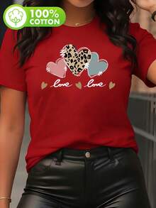 Soft 100% Cotton Women's T-Shirt, Round Neck, Casual, For Summer, Breathable, For Spring/Summer/Autumn (Machine Washable), Suitable For Casual Wear, Women's Short Sleeve T-Shirt With Creative Print, Women's Round Neck T-Shirt, Breathable Cotton T-Shirt, Matches Everything. - 紅色 - 查看 6