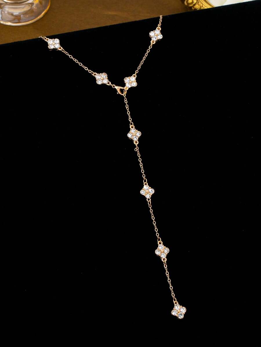 1 pieza Collar largo en forma de Y con trébol de la suerte con cristales de moda - Dorado - Ver 1