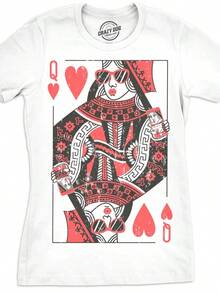 Camiseta de Mujer Estilo Vintage Urbano con Estampado Gráfico de la Reina de Corazones, 220g, Diseño de Carta de Póker, Casual, 100% Algodón, Cuello Redondo, Transpirable - Blanco - Ver 9